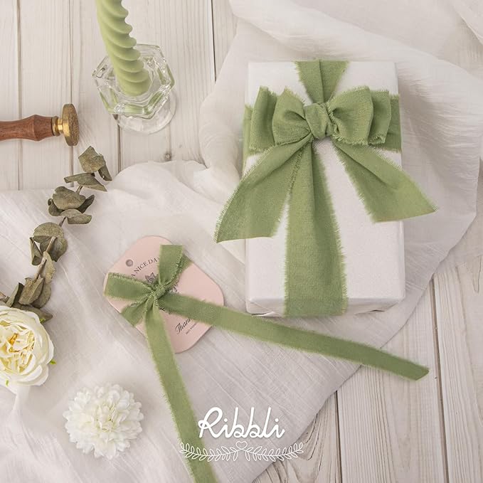 Ribbli 3 Rolls Sage Green Ribbon 5/8 Inch x 18Yards Handmade Cotton Frayed Fringe Ribbons for Gift Wrapping Wedding Invites Bridal Bouquets Baby Shower DIY Crafts Home Decor