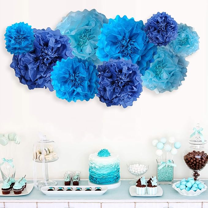 Blue Paper Flower Pom Poms Wall Decorations for Baby Showers, Weddings, Birthdays, Bridal, Tea Parties, Engagement, Home Decor
