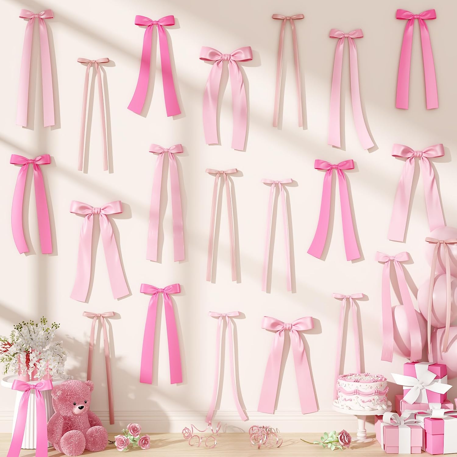 Pink Bow Birthday Decorations, 40Pcs Dusty Pink Bow Wall Decor DIY Ribbon Satin Bows Garland Photo Backdrop for Women Girl Coquette Bachelorette Baby Bridal Shower Room Bedroom Wedding Party Decor