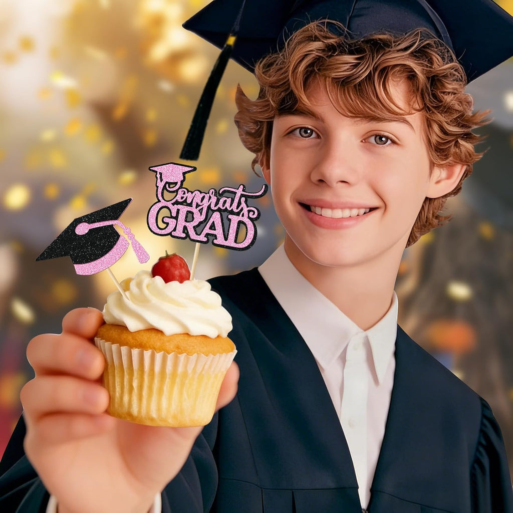 Pink Graduation Cupcake Toppers 2026, 36pcs Glitter Class of 2026 Cupcake Toppers for Graduation Party Decoration Grad Cap Diploma Done Congrats Grad Picks for Food Dessert Party Supplies