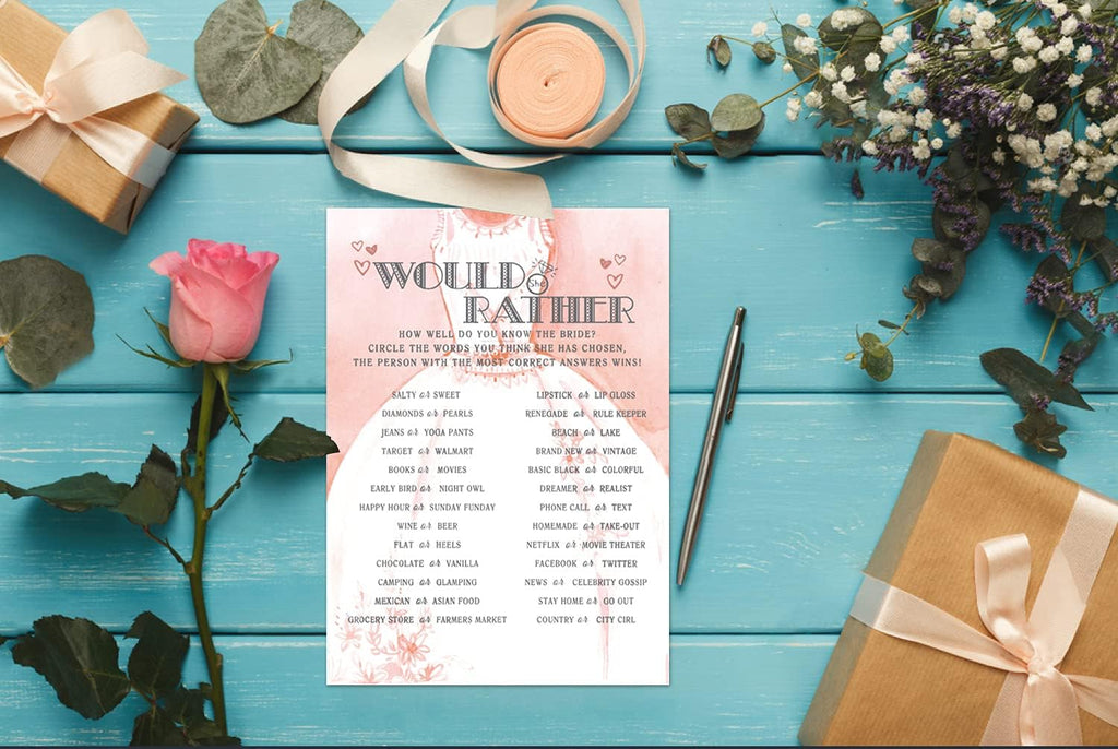 Bridal Shower Games, Wedding Games For Showers, Would She Rather, Engagement Bachelorette Party Game, Bridal Shower Decorations, 30 Cards Per Set (Suit010)