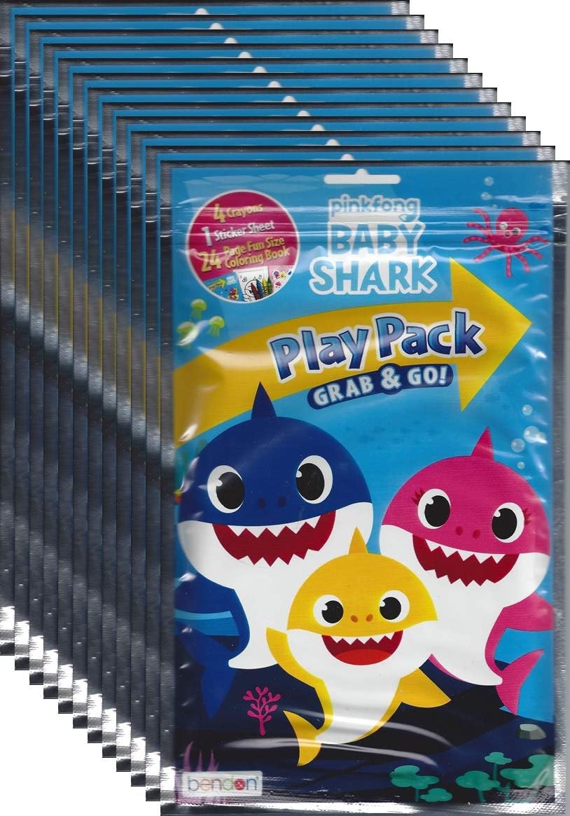 Baby Shark Pinkfong Grab and Go Play Packs (Pack of 12) Party Favors | Baby Shark Activity Pack Good Bag Stuffers Coloring Books, Stickers, Crayons for Kids, Girls - Bulk Birthday Party Supplies