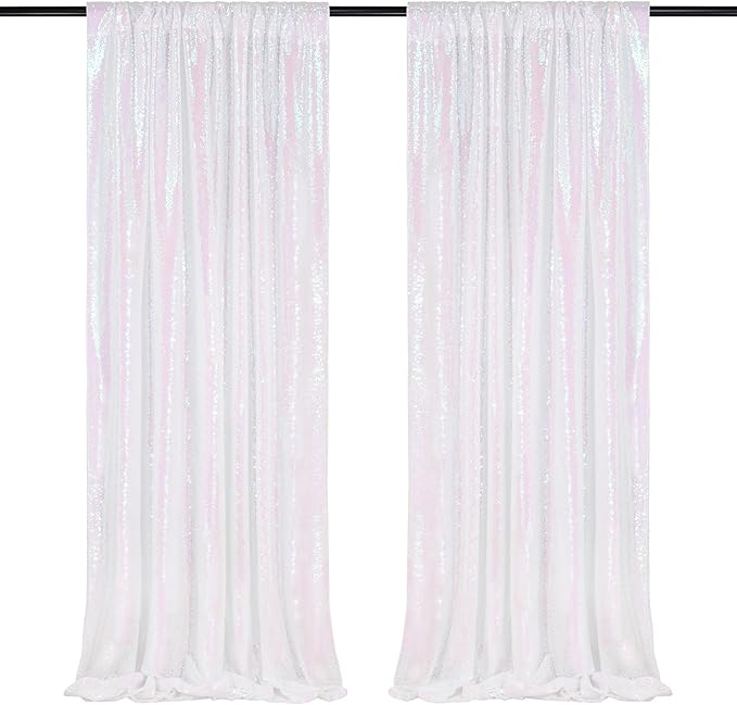 White Iridescent Sequin Backdrop 2 Panels 2FTx8FT Unicorn Backdrop Curtains Glitter Party Backdrop for Girls Birthday Decorations