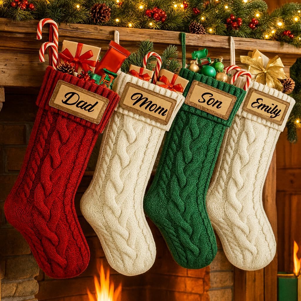 KAHF Personalized Christmas Stockings - 18” Large Luxury 4 Pack Knitted Xmas Stocking for Christmas with Custom Names Family Stockings for Kids Christmas Holiday Decor Fireplace Decoration