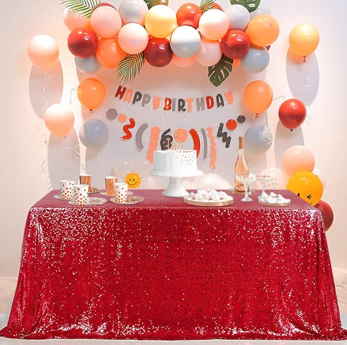 QueenDream Red Sequin Tablecloth 90x132 Inch Red Glitter Table Cloth for Birthday Bridal Shower Party Christmas