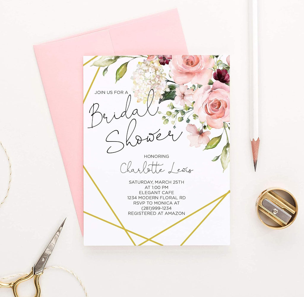Modern Pink Paper Floral Bridal Shower Invitations, Elegant Bridal Shower Invitations, Your choice of Quantity and Envelope Color