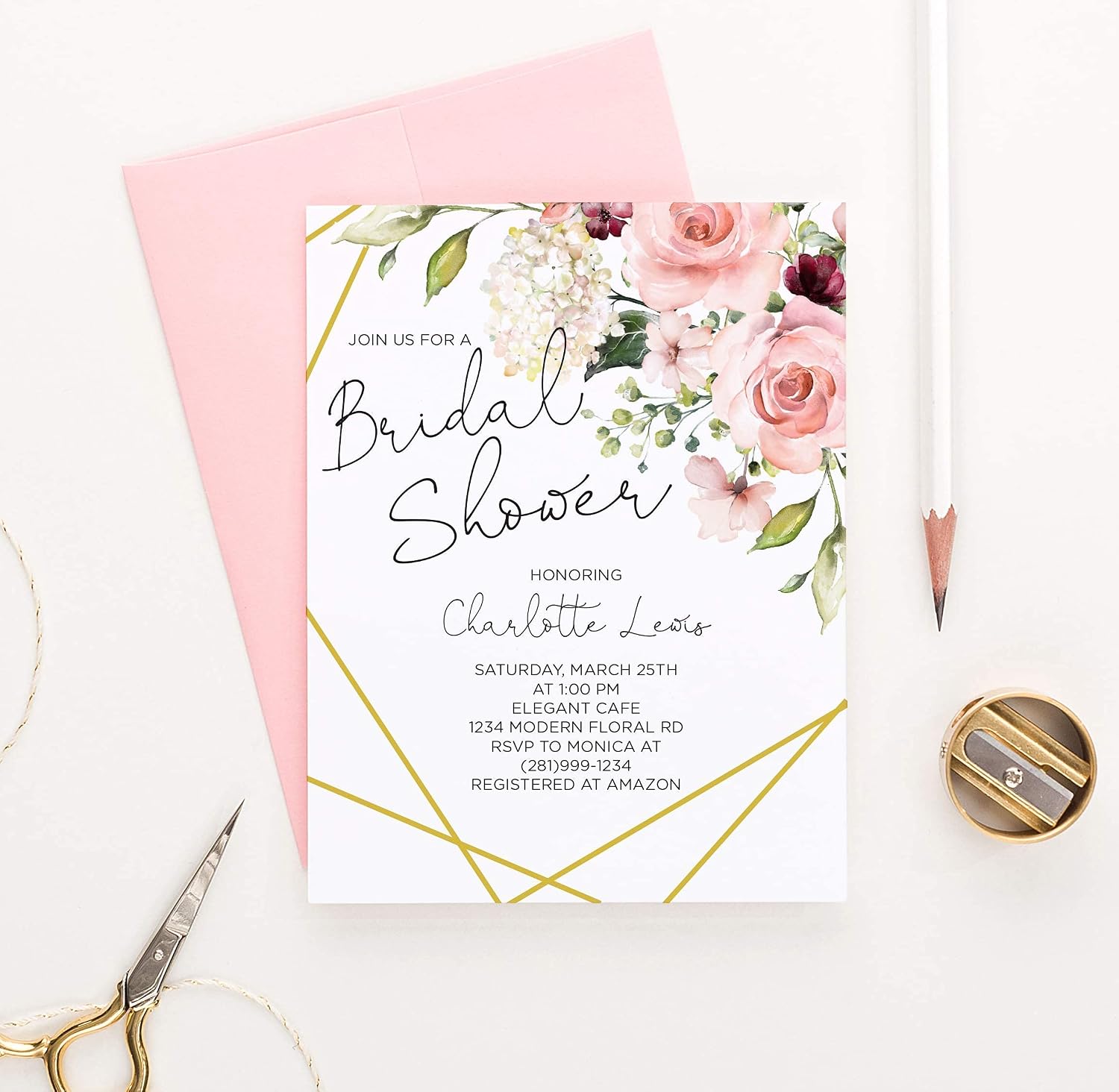 Modern Pink Paper Floral Bridal Shower Invitations, Elegant Bridal Shower Invitations, Your choice of Quantity and Envelope Color