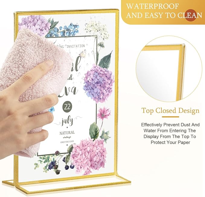 Hoteam 24 Pack 5 x 7 Clear Acrylic Sign Holder with Gold Borders, Gold Picture Frame, Double Sided Wedding Table Number, Acrylic Menu Stands for Wedding Table, Restaurant Sign, Photos Display