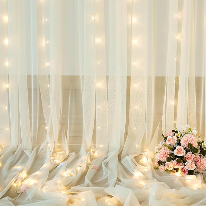 Ivory Tulle Backdrop Curtains with Lights String for Parites Wedding 20×8ft Ivory Sheer Backdrop Curtains for Baby Shower Birthday Party Photo Shoot Background Decorations(4 Panels 5ft×8ft)