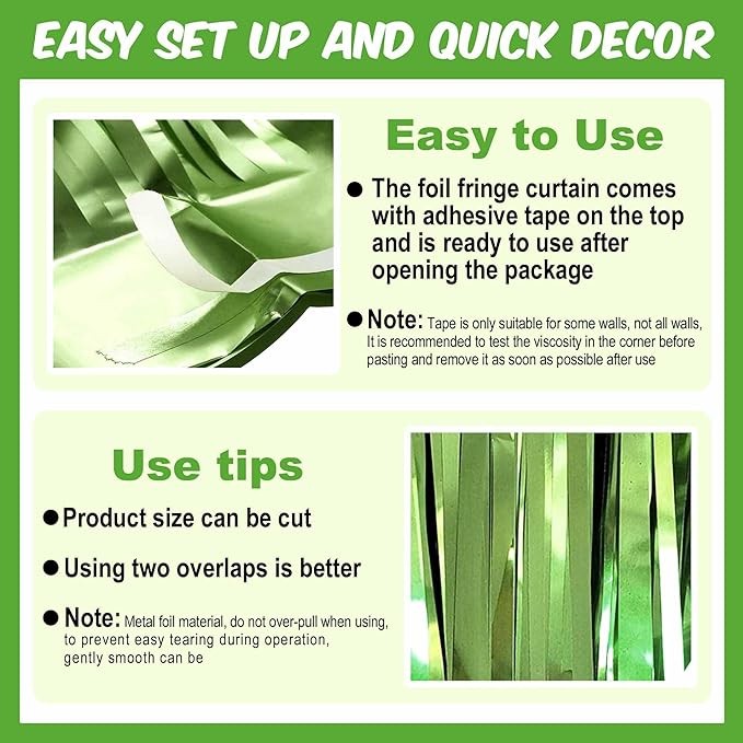 6 Pack Light Green Foil Fringe Curtains Backdrop, 3.28 x 8.2 Ft Metallic Streamers Tinsel Curtains Background for Photo Booth, Birthday, Weddings, Carnivals, Graduation, Themed Party Decorations