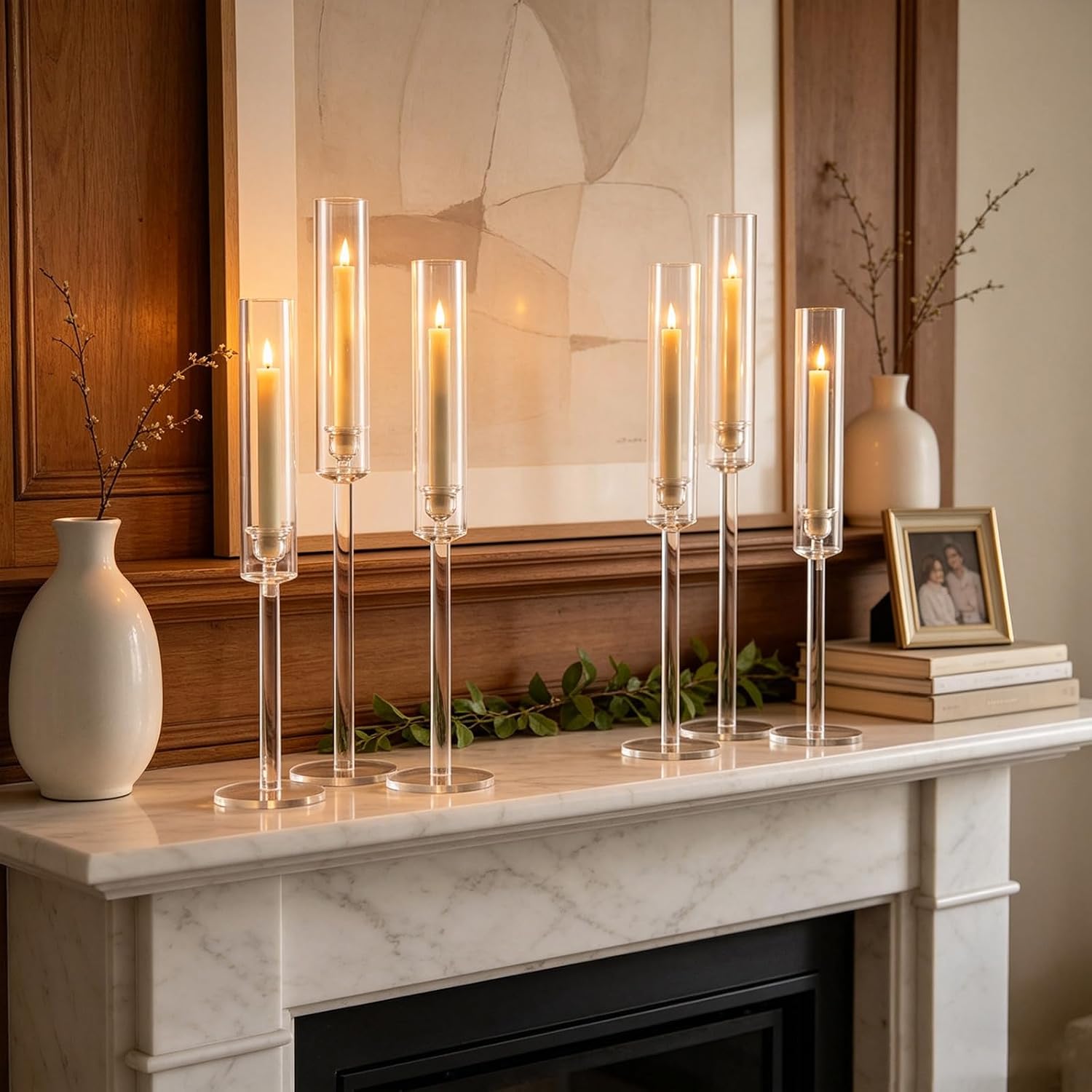 Vincidern 6pcs Clear Taper Candle Holder Set, Centerpieces for Tables, Acrylic Candlestick Holder for Dining Table, Fireplace, Wedding, Party, Holiday, Home Decor