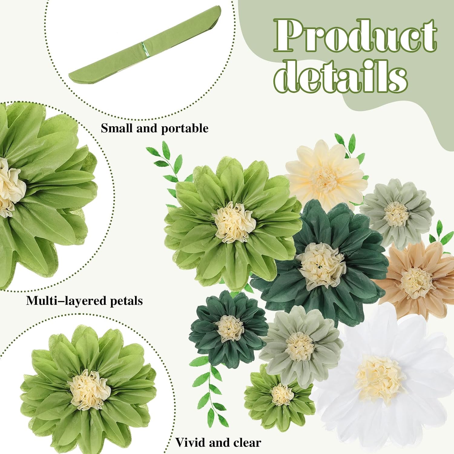 Geyee 18 Pcs Mexican Paper Flowers Colorful Fiesta Tissue Paper Flowers Pom Poms Mexican Carnival for Floral Party Backdrop Wedding Birthday Party Craft, 6" 8" 10"(Green Series)