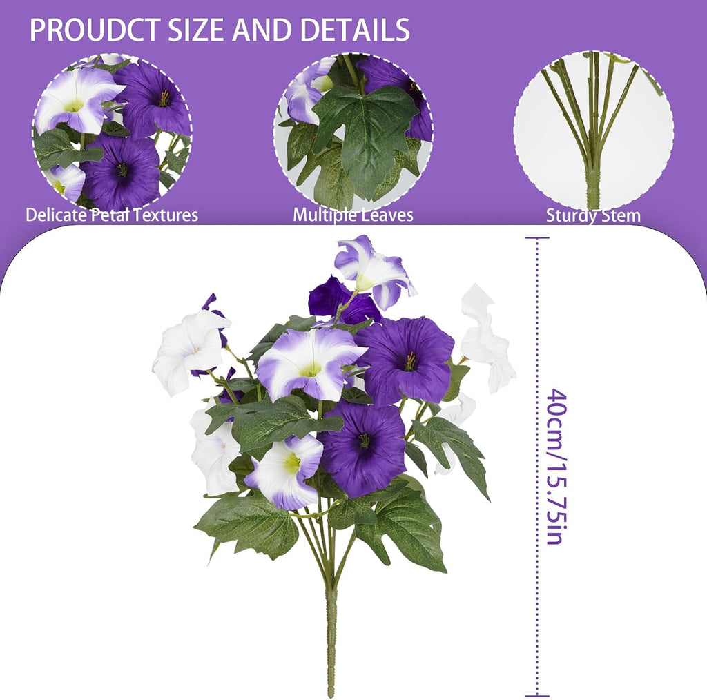 Artificial Flowers for Outdoors, Faux Petunias Spring Summer Decoration, Fake Flowers Plants UV Resistant Look Real Silk Flowers for Outside Planter Front Door Porch Patio Yard (6, Purple-White)