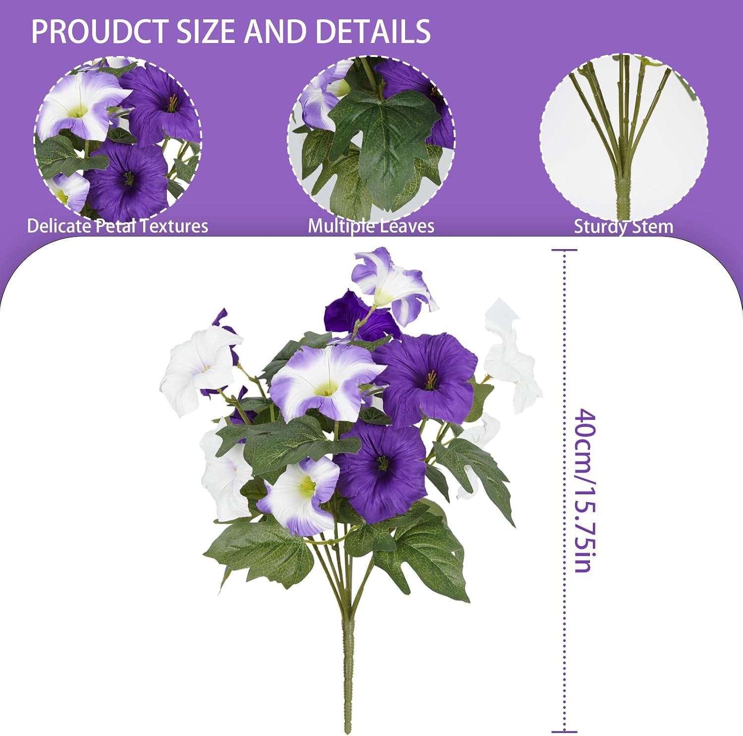 Artificial Flowers for Outdoors, Faux Petunias Spring Summer Decoration, Fake Flowers Plants UV Resistant Look Real Silk Flowers for Outside Planter Front Door Porch Patio Yard (6, Purple-White)