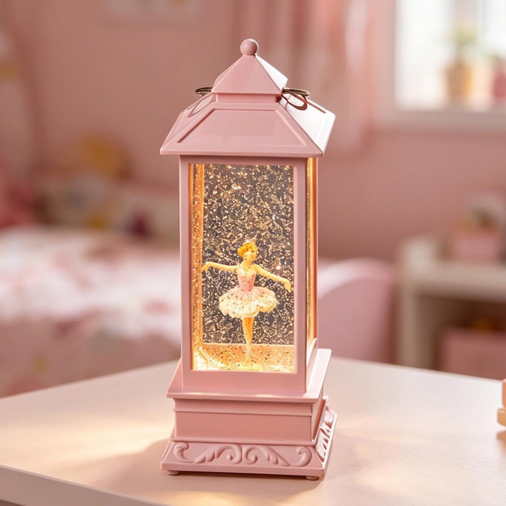 Snow Globe Lantern with Ballet Girl Ballerina – Shatterproof Glitter Snowglobe 10 Songs Music Box Led Light USB & Battery Powered, for Girls Gifts Birthday Home Decor Fall Decoration, Pink