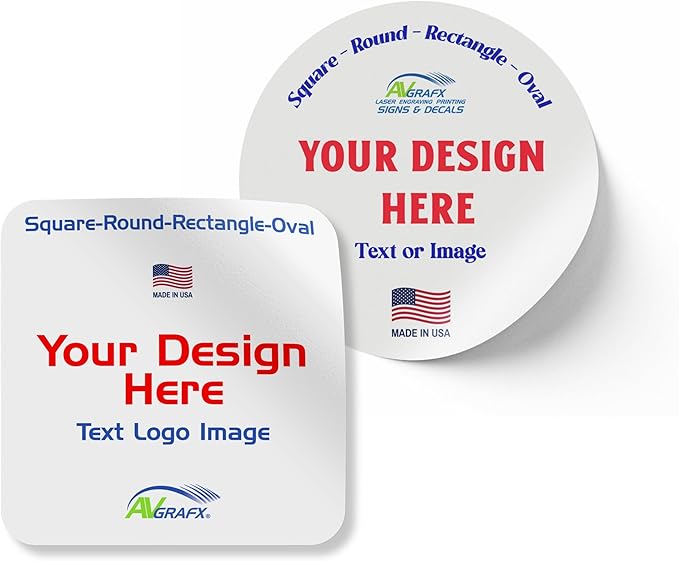 avgrafx 1.5 Inches Custom Sticker Personalized Labels Waterproof Dishwasher Safe Made USA, Custom Labels Business or Image Personalize Your Business Stickers