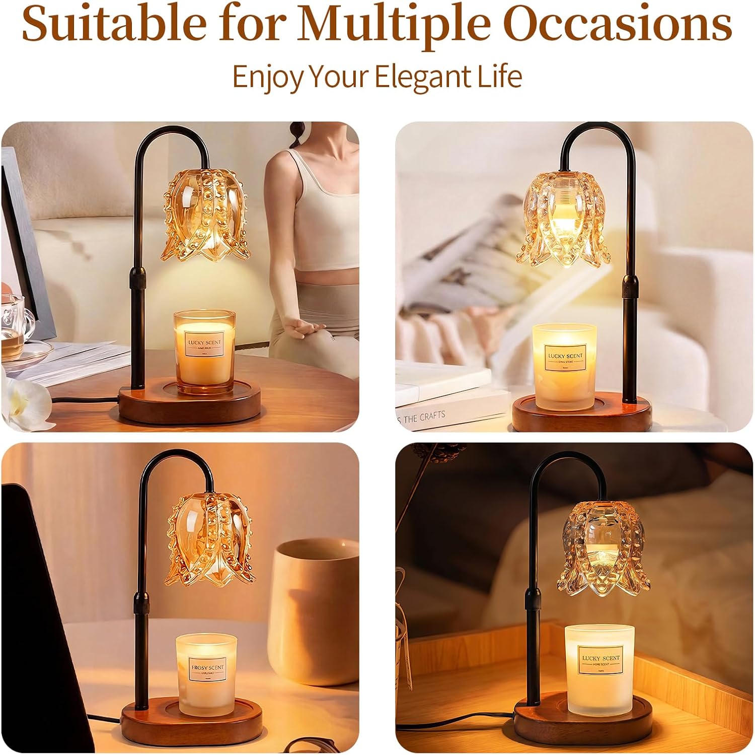Candle Warmer Lamp for Jar Candles, Height Adjustable and Dimmable with Timer, Flame-Free Top-Down Wax Warmer Lamp, Gift for Women, Mom, Housewarming Gift, New Home Decor (B-Walnut)