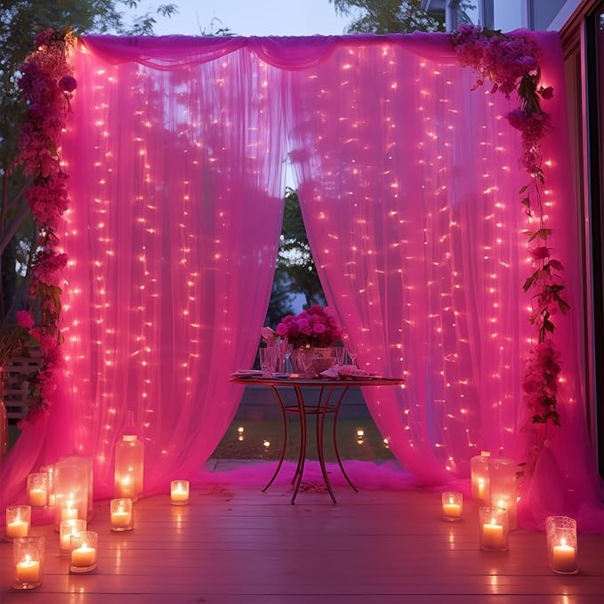 30×10ft Hot Pink Tulle Backdrop Curtain with Lights String for Parties, Sheer Photo Backdrop Curtains for Wedding Bridal Shower Party Photography Background