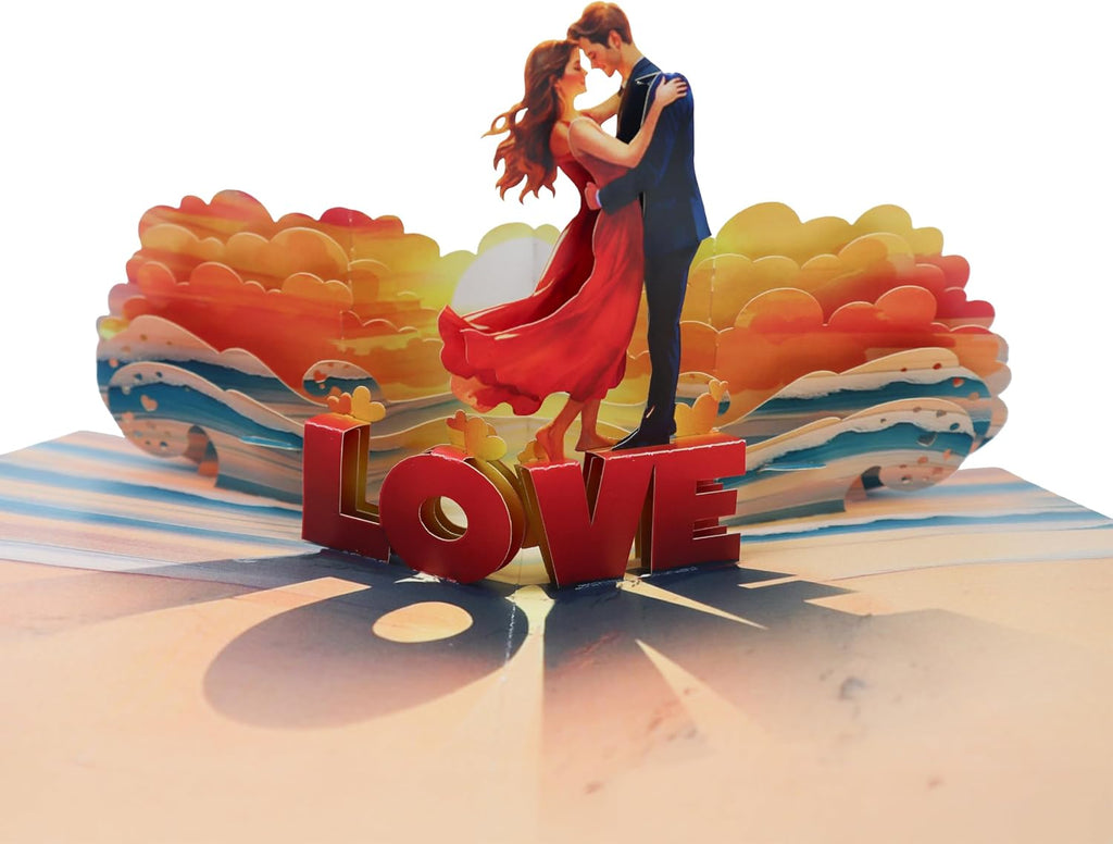 CUTE POPUP 3D Pop Up Love Card Romantic Couple on Beach at Sunset Design Anniversary, Valentine's Day, Birthday Card for Her, Him — Handmade 6x8 Inch, Envelope Included