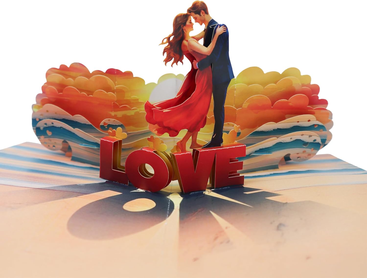 CUTE POPUP 3D Pop Up Love Card Romantic Couple on Beach at Sunset Design Anniversary, Valentine's Day, Birthday Card for Her, Him — Handmade 6x8 Inch, Envelope Included