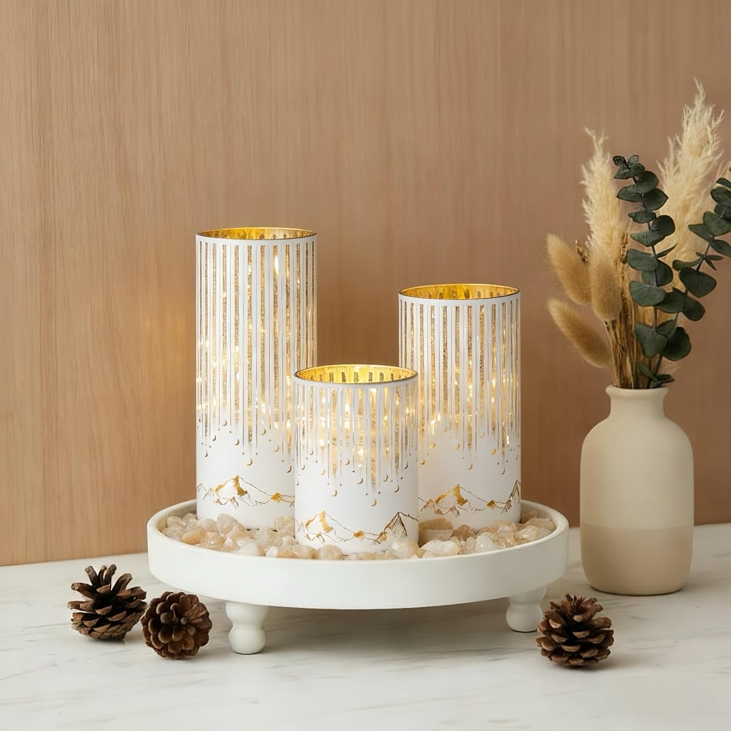Starry Night Hurricane Candleholders with Warm LED Lights & Remote Timer, Elegant Twinkling Decorative Centerpieces for Wedding, Dining Table, Living Room, Mantel Décor, Set of 3 (White)