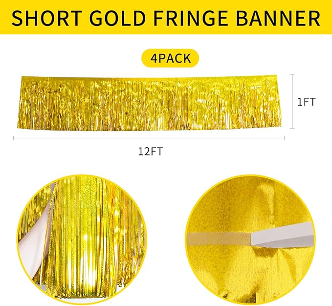 Laser Gold Christmas Decorations Tinsel Garland Parade Float Decorations for Trailer 4Pack 12FT Christmas Party Decor Ceiling Fringe Banner Gold Backdrop for Streamers Party Decorations