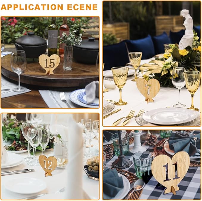 Heart Shape Wooden Table Numbers 1-20 With Holder Base - Rustic Hollow Out Wood Cards for Wedding, Party, Event Decoration