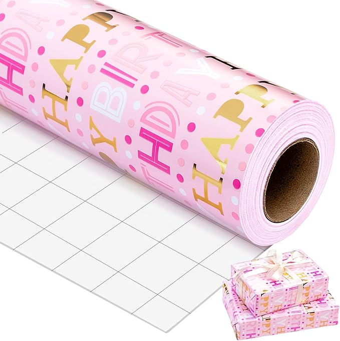 Yarcony Girl Birthday Wrapping Paper Roll, Pink and Gold Wrapping Paper, Gold Foil Girly Happy Birthday Lettering Design Pink Gift Wrap for Girls Women, Baby Shower, Christmas(17 Inch X 33 Feet)
