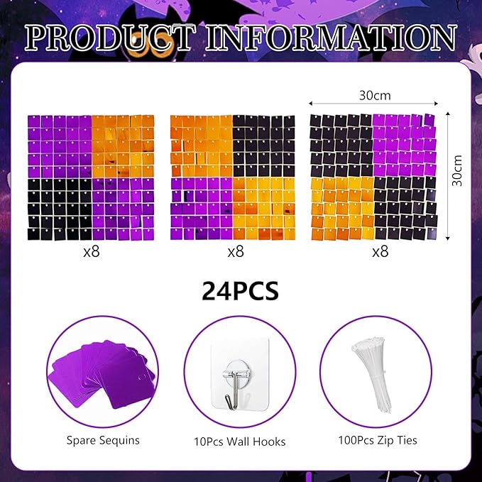 24PCS Black Orange Purple Shimmer Wall Backdrop, Halloween Square Sequin Photo Backdrops Panel, Glitter Wall Background for Birthdays, Weddings, Halloween Party Decor (4FTx6FT)
