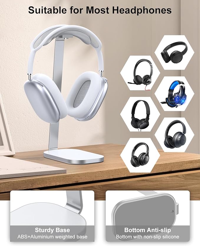 VICHYIE Headphone Stand for AirPods Max, Headset Holder with Aluminum Supporting Rod, Heavy Base Desk Stand Headphones Support Accessory for All Headphones - Silver White