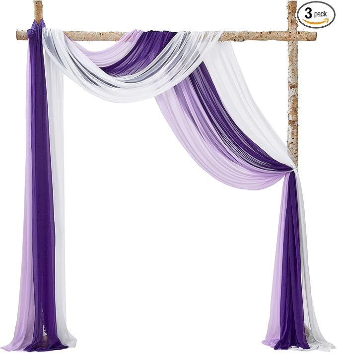TINGE TIME 3 Panels Wedding Arch Draping Fabric, 30" x 20ft Gradient Purple Chiffon Fabric Wedding Arch Drapery Sheer Backdrop Curtain for Weddings Ceremony Party Decoration Bridal Show Reception