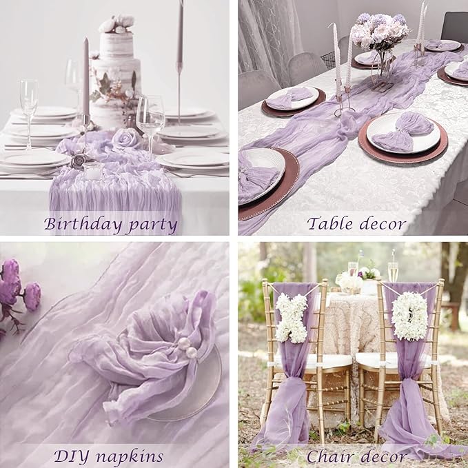 Lilac Purple Cheese Cloth Table Runner Boho Romantic 10ft Gauze Cheesecloth Table Runner for Baby Shower Decoration Wedding Bridal Shower Fall Thanksgiving Table Decor