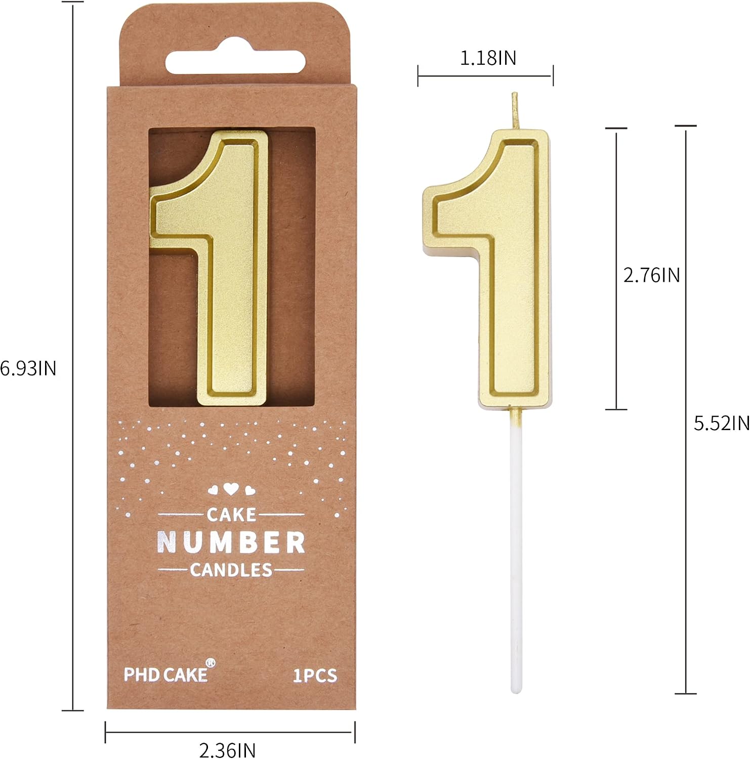 PHD Luxe Gold 2.76 Inch 1 Number Birthday Candles, Gold Cake Candles, Party Celebration