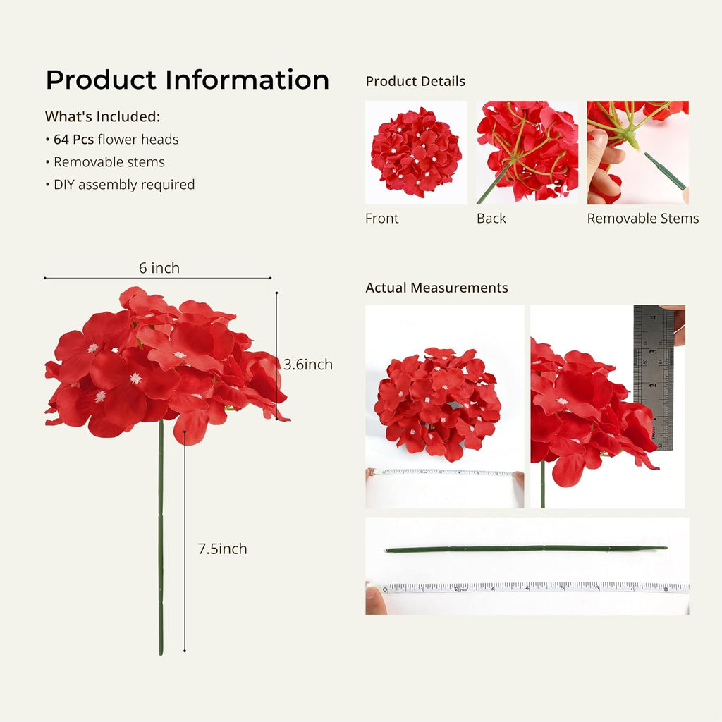 auihiay 64pcs red hydrangea artificial flowers, fake hydrangea, side view