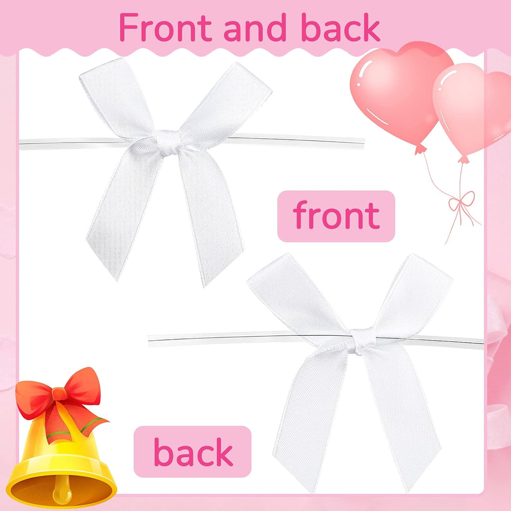 Gejoy 100 Pieces 2.6" Solid White Mini Twist Tie Bows for Gift Wrapping Pretied Satin Ribbon Bows Bags DIY Crafts for Wedding Birthday Graduation Party Favors Gift Candy Treat Cake Pop Decoration