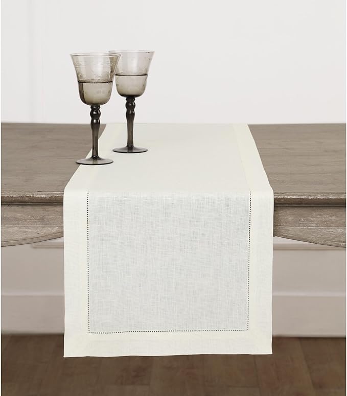 Solino Home Linen Ivory Table Runner 120 Inches Long - 100% Pure Linen 14 x 120 Inch Table Runner for Fall, Autumn, Thanksgiving, Christmas - Classic Hemstitch