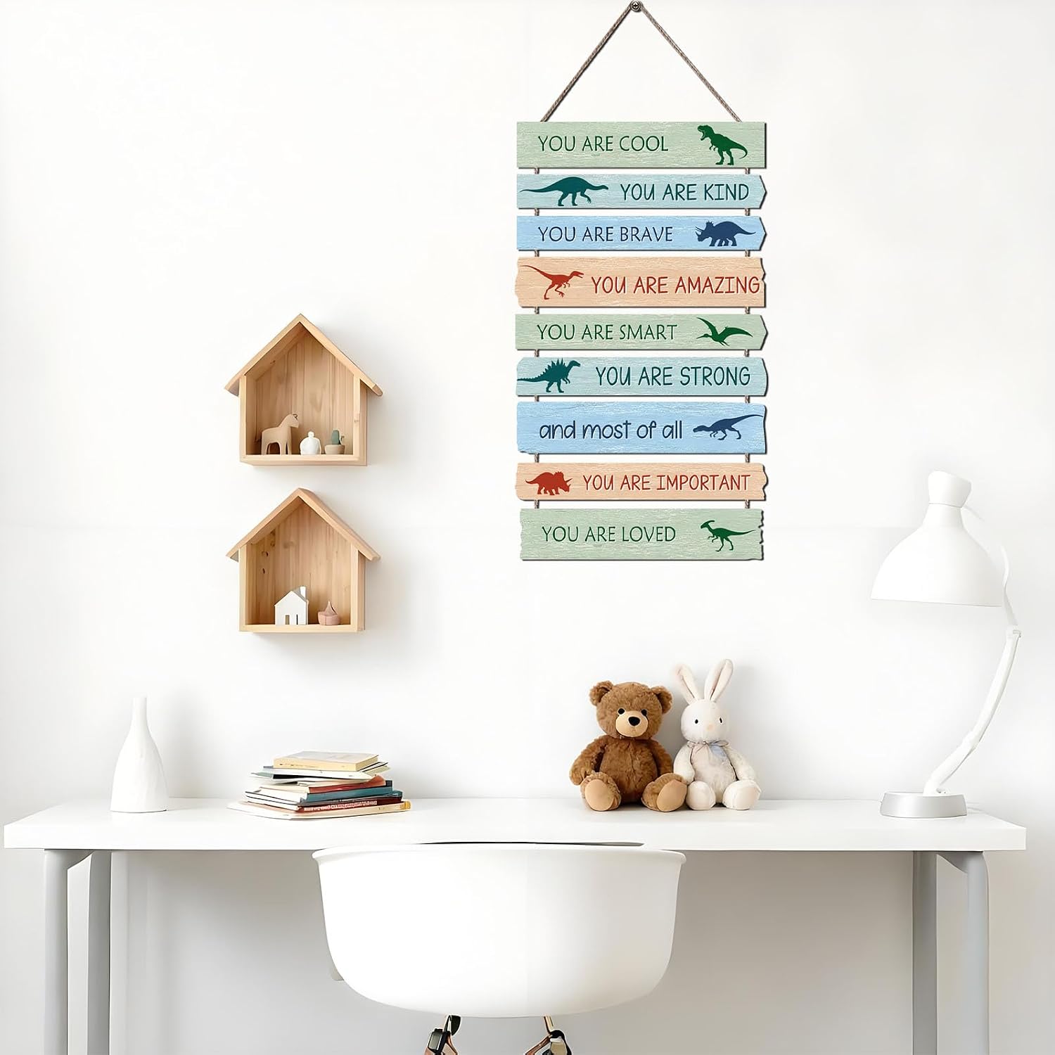 Dinosaur Wall Decor for Boys Room, 9-Piece Inspirational Wooden Signs with Positive Affirmations, Dino Nursery Decor for Toddler Kids Bedroom, Baby Boy Room Art with Motivational Quotes