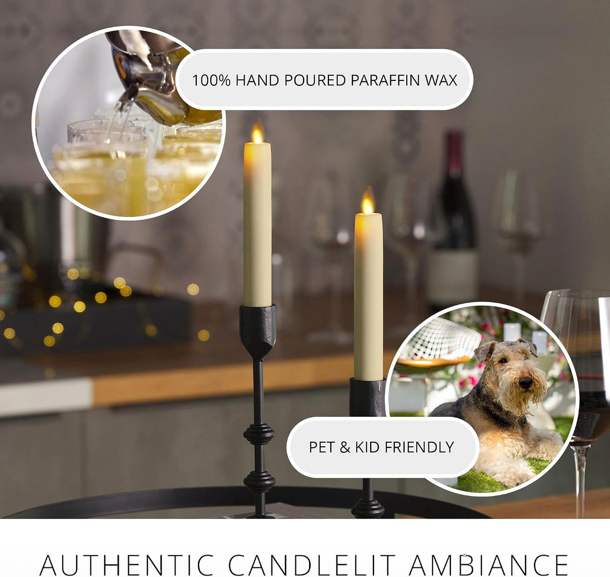Luminara Flameless Real Flame 0.87x6.75 Inch Ivory Taper Candles, 2 Pack