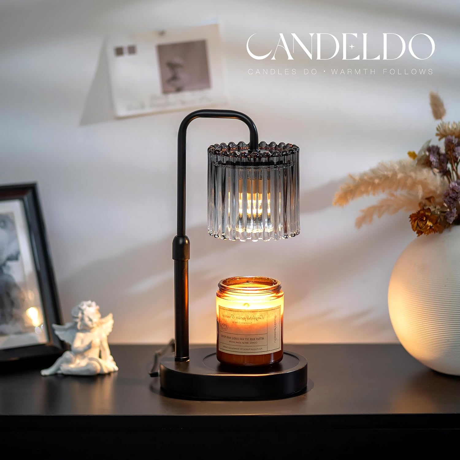 Candeldo Candle Warmer Lamp with Timer: Black Wax Melt Warmer | Height Adjustable, Dimmable, with 2 Bulbs, Modern Farmhouse Decor for Home, Bedroom, Gifts for Women, Birthday, Housewarming