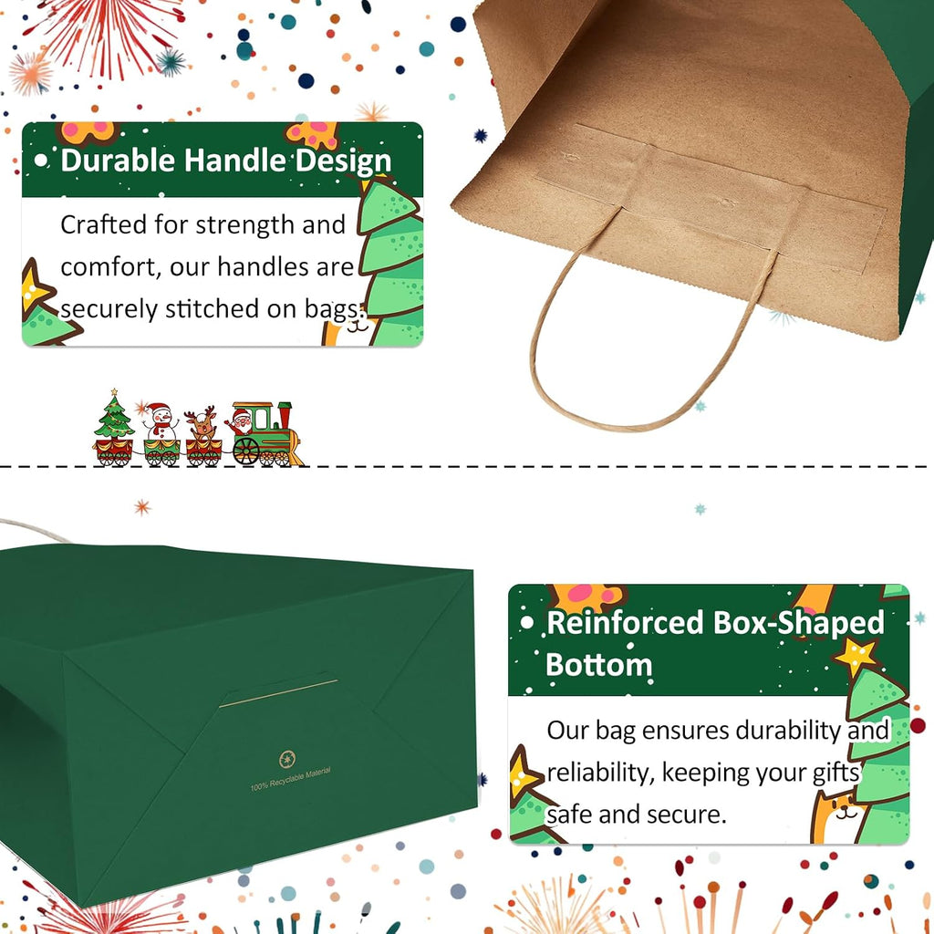 BagDream Forest Green Gift Bags with Handles 8x4.25x10.5 Inch 25Pcs Medium Kraft Paper Bags for Christmas, Thanksgiving, Craft, Party Favors, Retail, Grocery, Recyclable Paper Sacks
