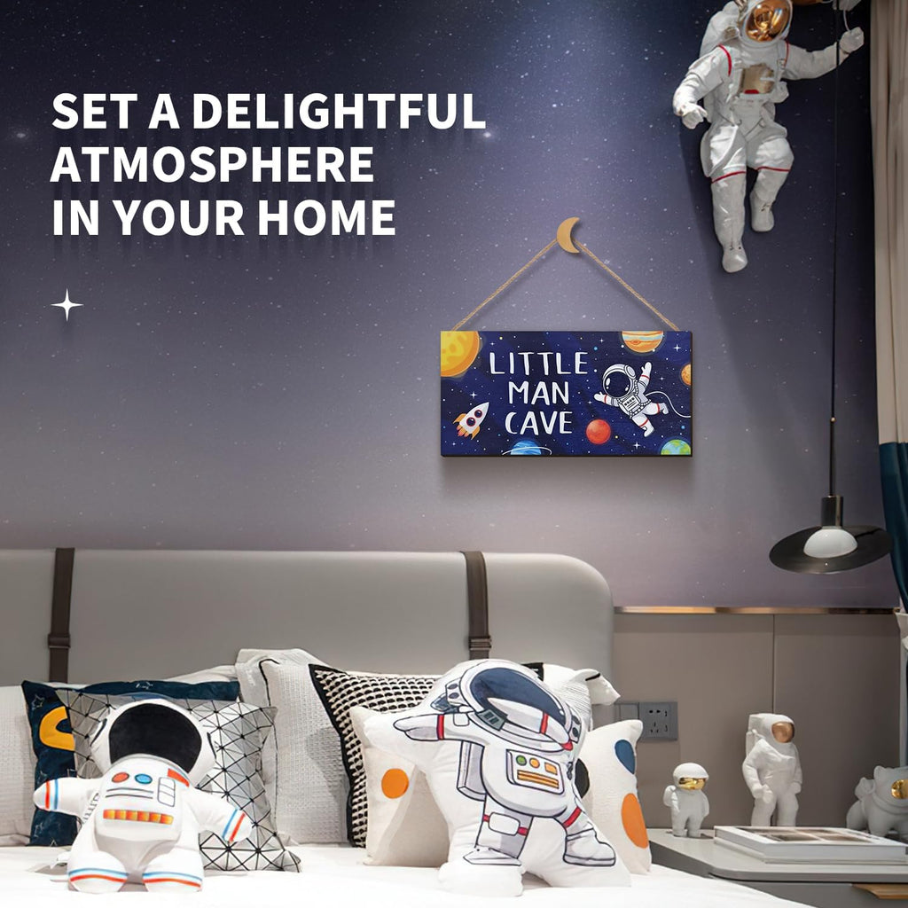 ZIEYOMI- Little Man Cave Sign Space Boys Room Decor, Astronaut Theme Bedroom Nursery Decor Hanging Wall Art, Wooden Plaque Outer Space Decorations for Toddler Boys Room Kids Playroom