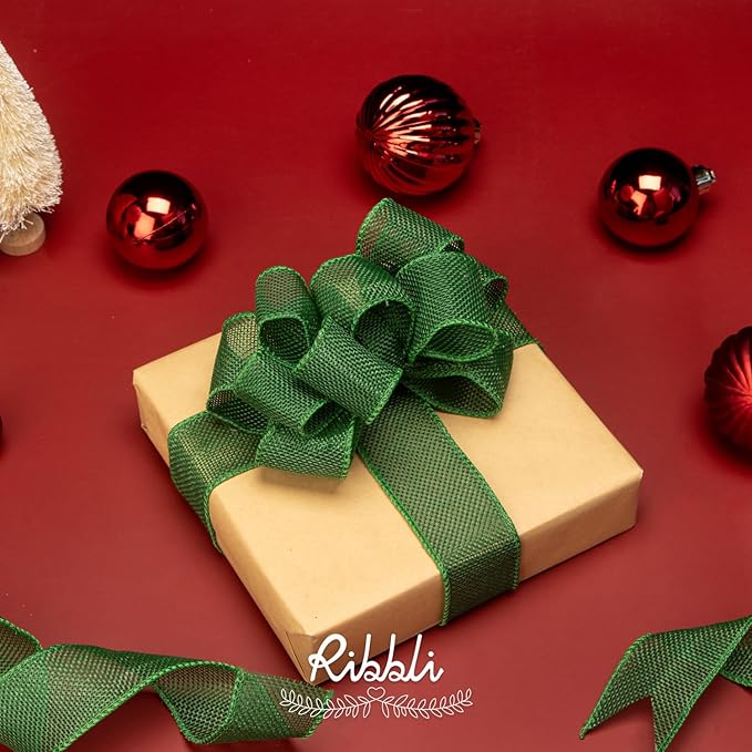 Ribbli Emerald Green Burlap Wired Ribbon, 1-1/2” Inch x Continuous 20 Yard, Green Wired Ribbon for Wreaths,Big Bows,Tree Decoration,Outdoor Decoration