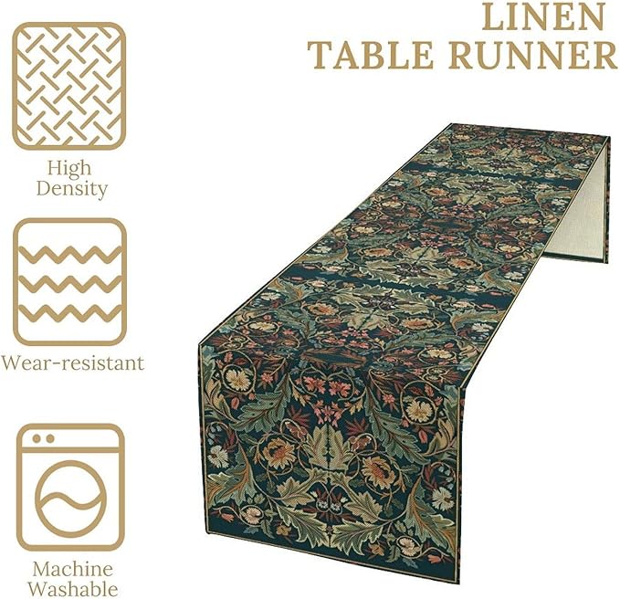 Green Morris Floral Table Runner, Boho Rustic Country Farmhouse Teal Red Rose Pattern for Home Kitchen Table Decor Dining Coffee Room Party Decor 13x60in