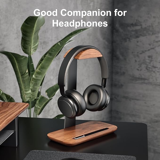 UPERGO Walnut Headphone Stand, Wood Headset Stand for Desk, Universal Headphone Holder with Storage Base for Gaming, Airpod max, Bose,Razer