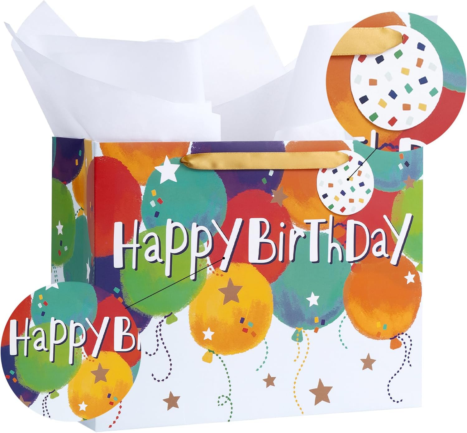 Loveinside Colorful Birthday Gift Bag, Balloons Pattern with HAPPY BIRTHDAY Text, Matching Tissue Paper, Greeting Card and Tag, Ideal for Kids' Birthday Gifts, 13" x 5" x 10", 1 Pcs