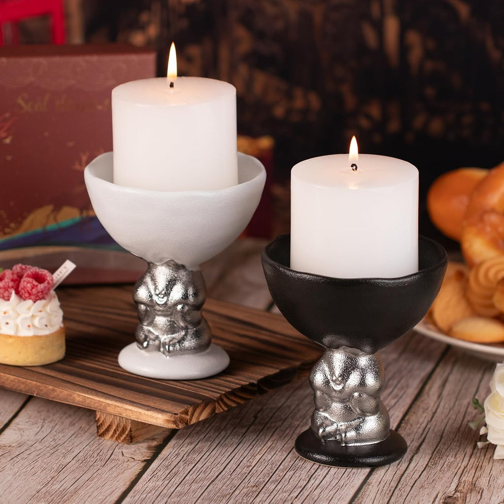 KAMMAK Ceramic Candle Holder with Silver Rabbit Figurine Base -Matte Black Scalloped Bowl Pedestal Stand for Pillar Candles, Animal-Inspired Design Black Rabbit High-Foot Bowl Candle Holder