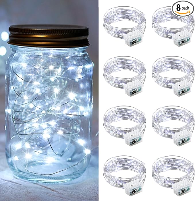 8 Pack White Fairy Lights 7Ft 20 LED Twinkle String Lights 3 Modes Battery Operated Waterproof Firefly Starry for Mason Jar Party Wedding Christmas Valentines Day Table Centerpieces,Cold White