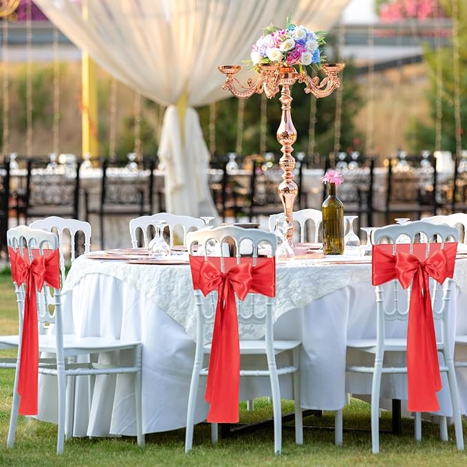 10 PCS Red Satin Chair Sashes Bows Universal Chair Ribbon Ties Back Sash for Wedding Party Reception Events Banquets Hotel Event Chair Cover Decoration (7x108 inch)