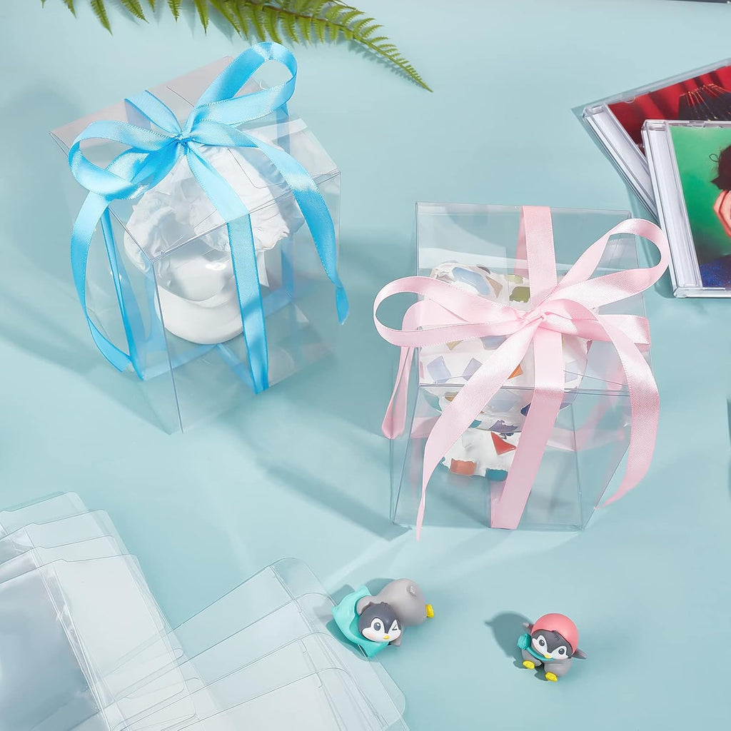 BENECREAT 15Pcs Clear Gift Boxes Rectangle Transparent PVC Favor Boxes 3.9x3.9x5.5'' for Wedding Party Treat Candy Cupcakes, Mother's Day Festival Gift Packaging (Pack of 2)
