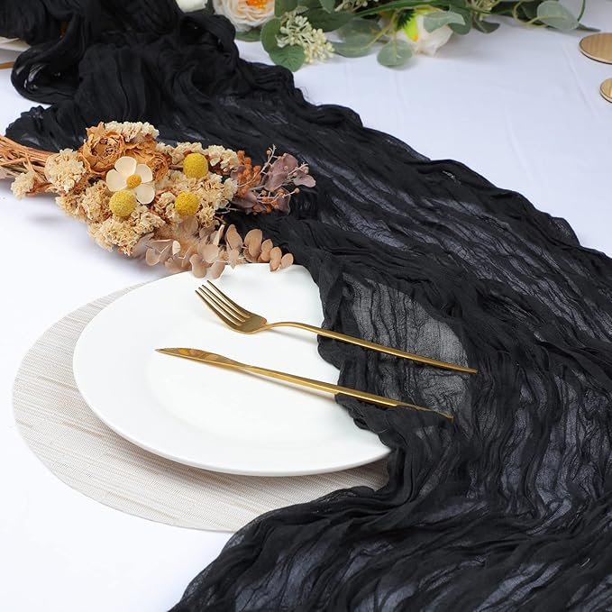 Snowkingdom 13Ft Black Cheesecloth Table Runner, 160inch Long Cheese Cloth Boho Gauze Runner for Wedding Bridal Baby Shower Birthday Holiday Party Sheer Halloween Table Decorations